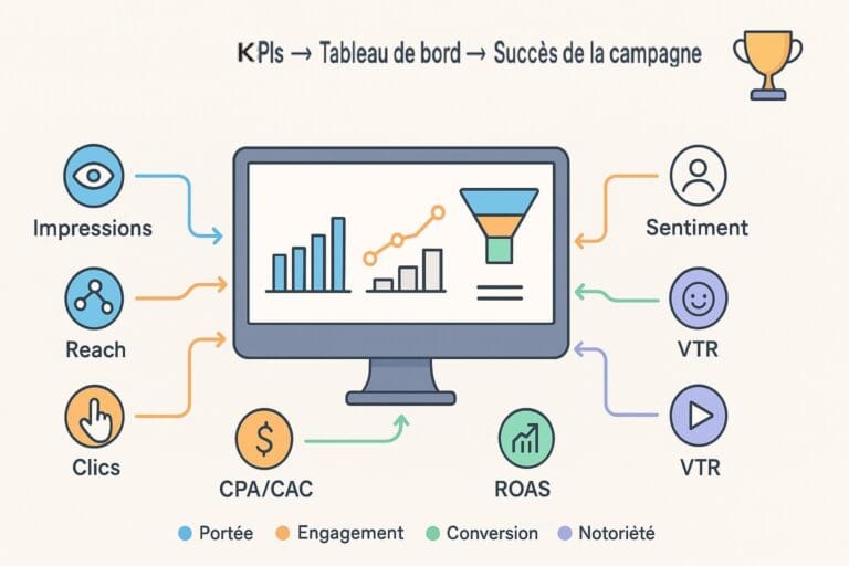 Illustration paysage isométrique KPI campagne publicitairereprésentant un tableau de bord marketing central relié à des icônes KPI (Impressions, Reach, CTR, CPA/CAC, ROAS, Sentiment, VTR) montrant comment les indicateurs alimentent le succès de la campagne.